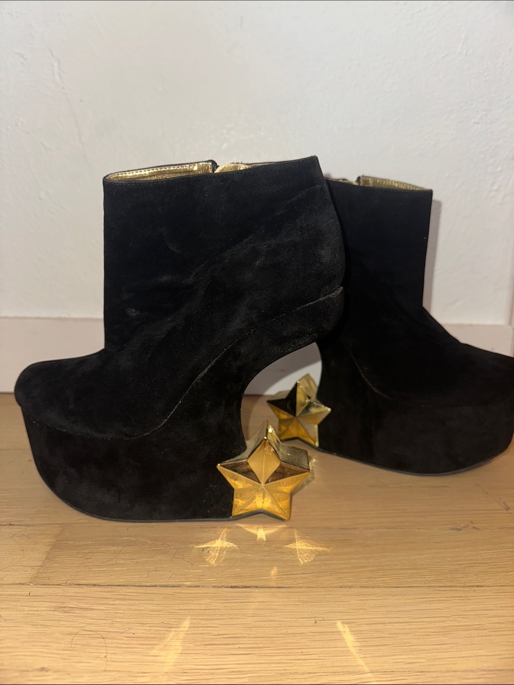Liliana Black Suede Platform Ankle Boots with Gold Star Heels